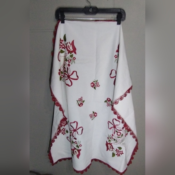 Handmade Other - Hand Embroidered Tablecloth, White, Red and Green Color